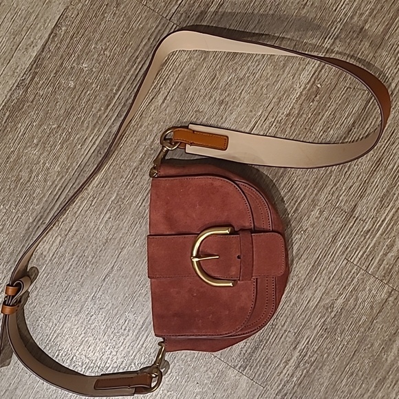 Small J. Crew Small Suede Leather Brass Saddle Bag - Picture 1 of 9